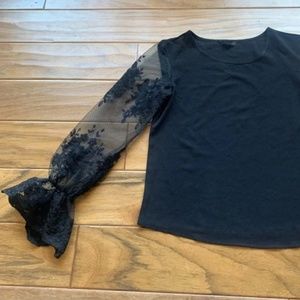 🦋 NEW! Embroidered Lace Mesh Flounce Sleeve Black Blouse Top Women Size XS